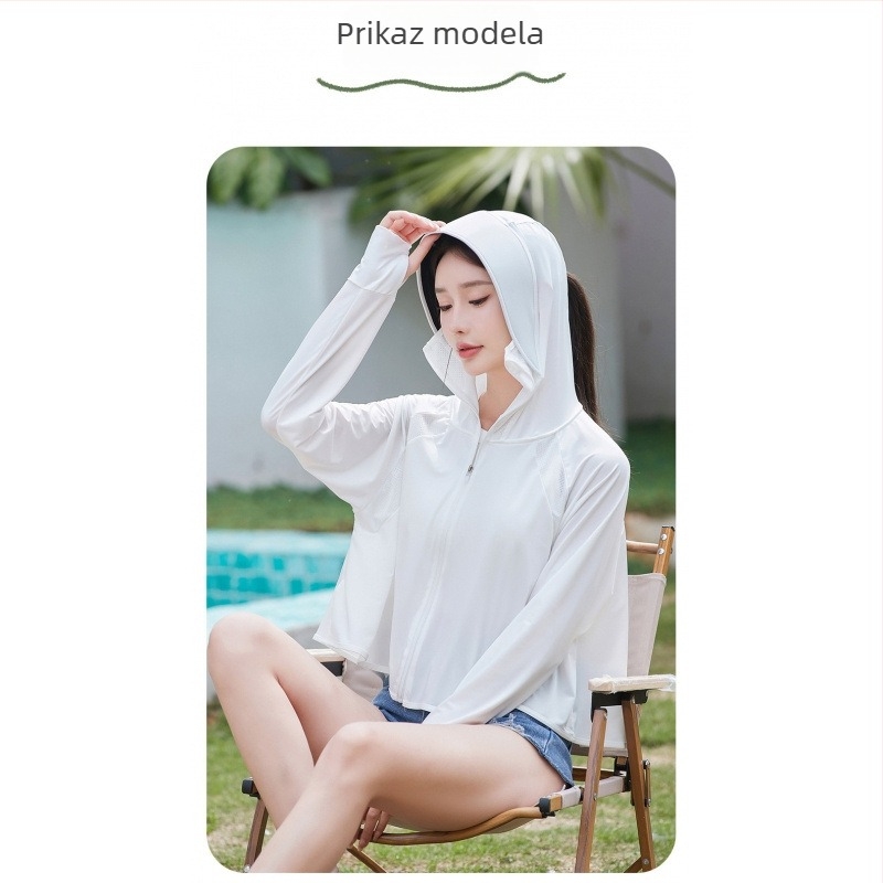 Ženska odjeća za zaštitu od sunca u stilu plašta, prozračan poliester, slobodan kroj, dugi rukavi, zatvarač, duljina 50–65 cm, sastav 90–95% poliester + 30–50% sekundarnog poliester