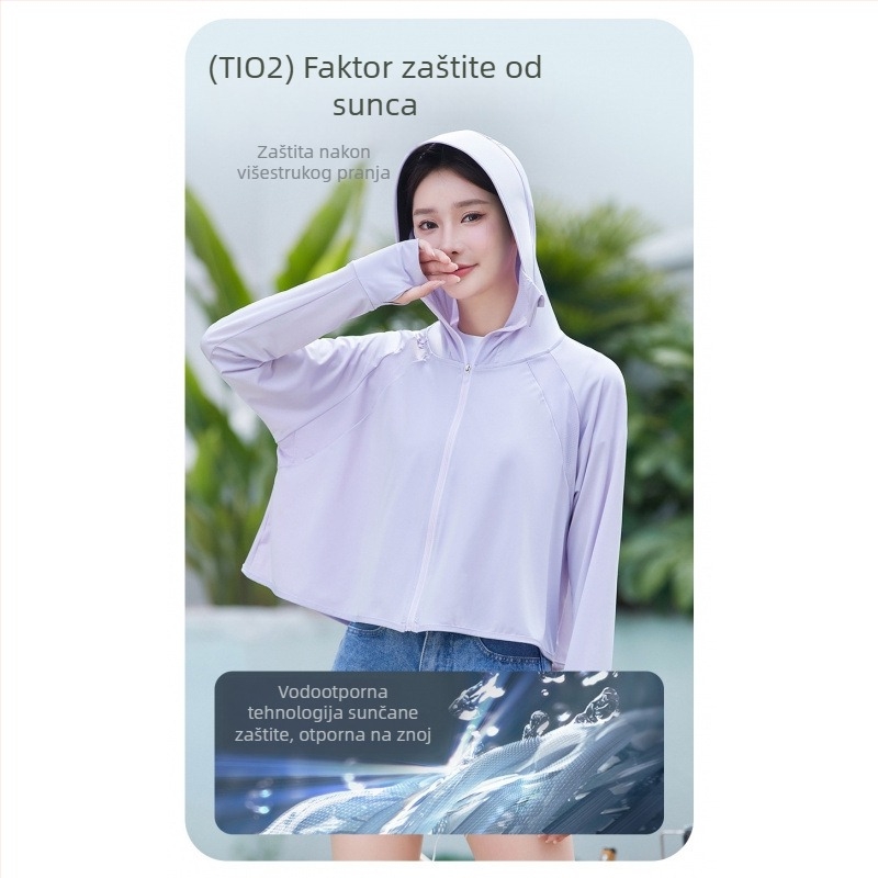 Ženska odjeća za zaštitu od sunca u stilu plašta, prozračan poliester, slobodan kroj, dugi rukavi, zatvarač, duljina 50–65 cm, sastav 90–95% poliester + 30–50% sekundarnog poliester