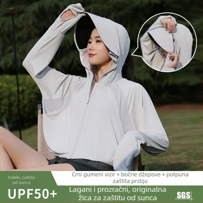 Ženska ljetna jakna s UV zaštitom i kapuljom UPF50+, lagana, prozračna, s uklonjivim rubom, poliester