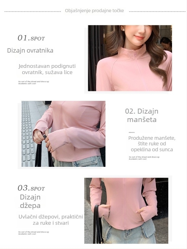 H859 Ženska vanjska jakna za zaštitu od sunca – tanka, Slim-Fit, dugi rukavi, zip, najlon, UPF40+, proljeće-ljeto