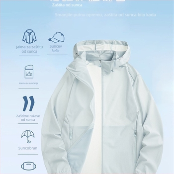 Unisex vanjska windbreaker jakna, najlon materijal, kapuljača, UPF50+ UV zaštita, lagana, prozračna, brzo sušeća, pogodna za ljeto, proljeće i jesen.