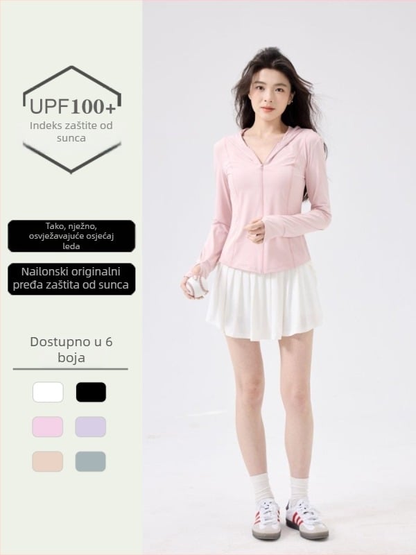 Ženska majica s kapuljačom za zaštitu od sunca, slim fit, Nylon-Spandex miješavina 80–90%, UPF100+, prednji zip