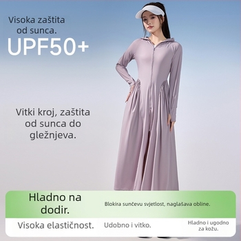 Ženska duga UV zaštitna haljina UPF50+, kroj princeze, uski struk i široko obodom šešira, ljeto 2025