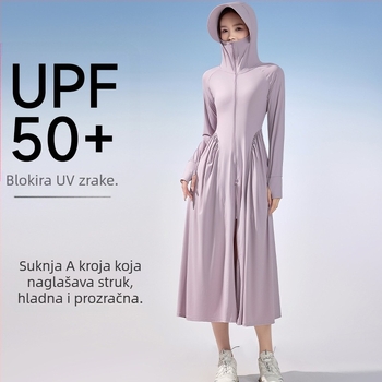 Ženska duga UV zaštitna haljina UPF50+, kroj princeze, uski struk i široko obodom šešira, ljeto 2025