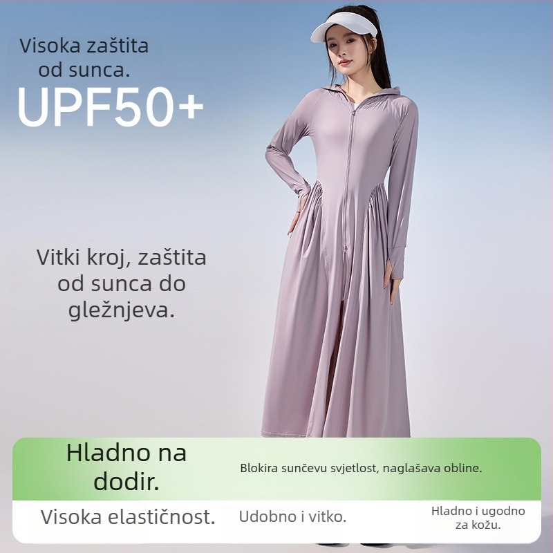 Ženska duga UV zaštitna haljina UPF50+, kroj princeze, uski struk i široko obodom šešira, ljeto 2025