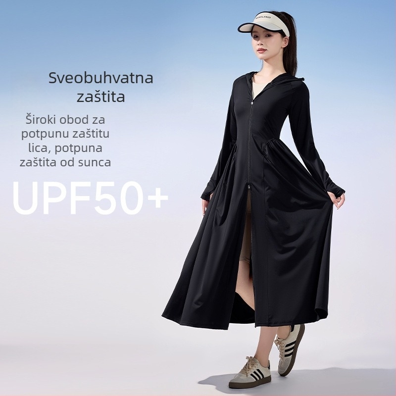 Ženska duga UV zaštitna haljina UPF50+, kroj princeze, uski struk i široko obodom šešira, ljeto 2025
