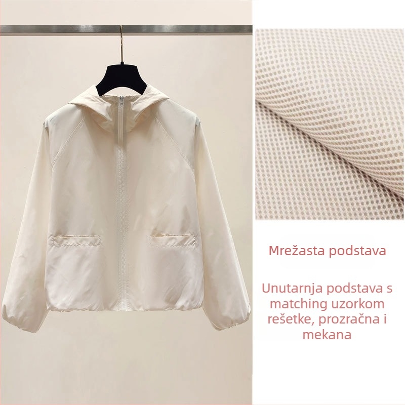 Ženska kratka jakna s kapuljačom - slobodan kroj, prednji zip, raglan rukavi, poliester 90–95%