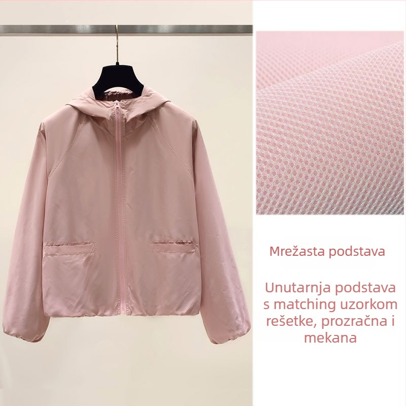 Ženska kratka jakna s kapuljačom - slobodan kroj, prednji zip, raglan rukavi, poliester 90–95%