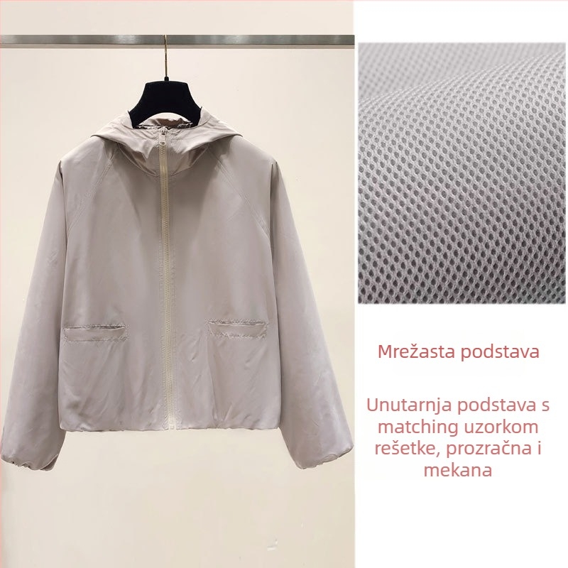 Ženska kratka jakna s kapuljačom - slobodan kroj, prednji zip, raglan rukavi, poliester 90–95%