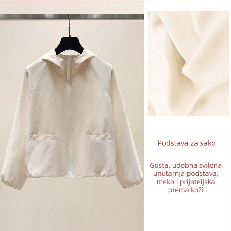 Ženska kratka jakna s kapuljačom - slobodan kroj, prednji zip, raglan rukavi, poliester 90–95%