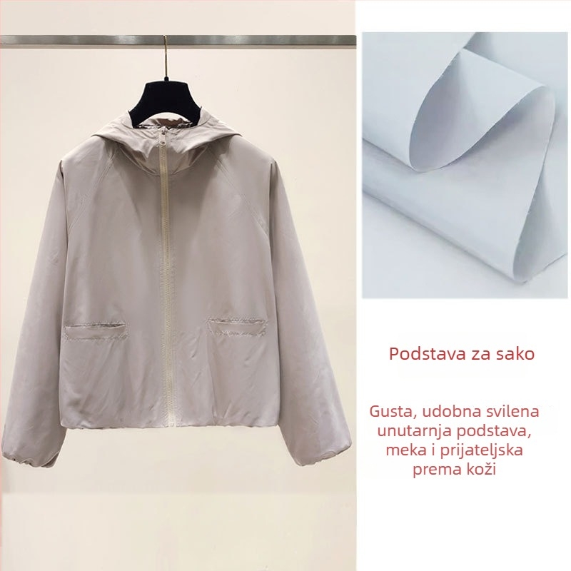 Ženska kratka jakna s kapuljačom - slobodan kroj, prednji zip, raglan rukavi, poliester 90–95%