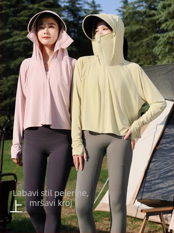 Ženska jakna za UV zaštitu s odvojivom crnom šiltom kapuljačom, Ice Silk materijal, kratki kroj, ljeto 2026