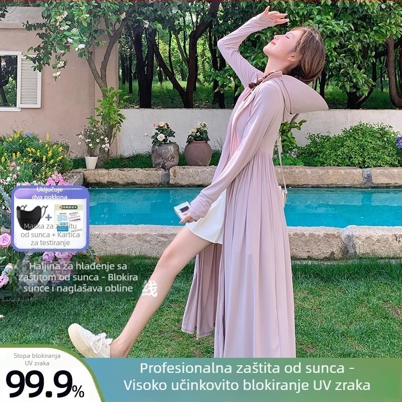 Ženska duga jakna za zaštitu od sunca, prozračni Ice Silk materijal, s velikim rubom, potpuno pokrivanje, UV 40+, ljeto 2024, uski kroj