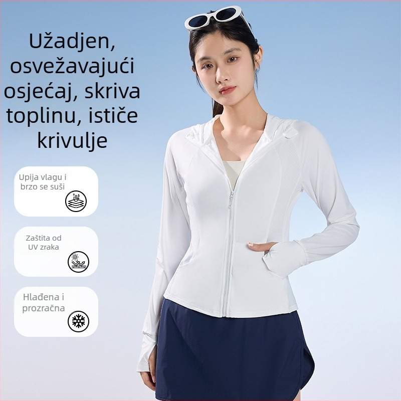 Ženska slim-fit kapuljačasta jakna s dugim rukavima, lagana sportska i joga odjeća, zaštita od sunca