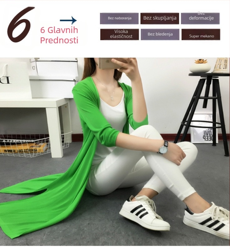 Ženski pleteni kardigan srednje duljine od ice silk materijala, slobodan kroj, UPF50+, 3/4 rukav, tanka tkanina