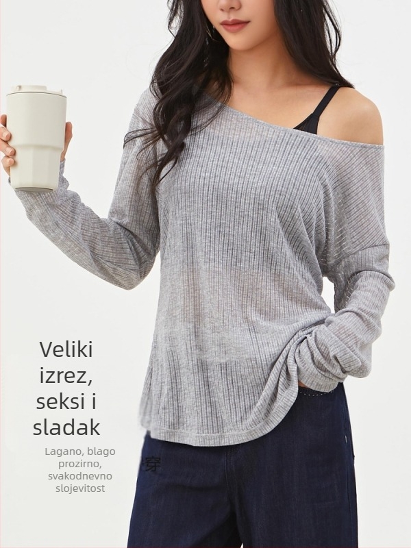 Bezramena pletena bluza – mekana poliesterska smjesa, 85% poliester 15% viskoz, dugi rukav, slobodan kroj, standardna duljina