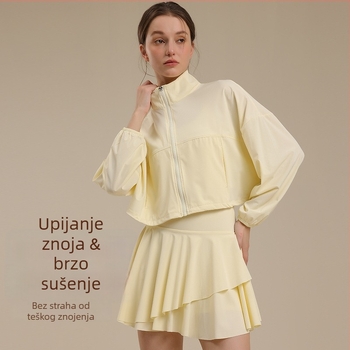 Yoga set: jakna i kratka suknja, prozračni najlon, UV-zaštita, brzo sušenje, visok ovratnik, džepovi, dugi rukavi, duljina rukava 55–60 cm, duljina suknje 34–37 cm