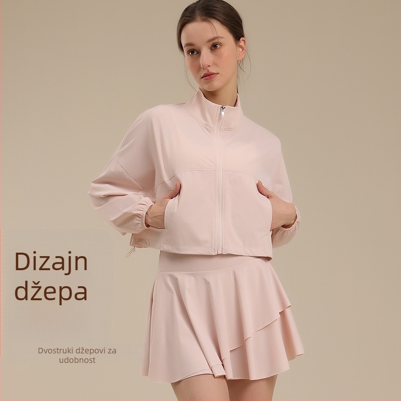 Yoga set: jakna i kratka suknja, prozračni najlon, UV-zaštita, brzo sušenje, visok ovratnik, džepovi, dugi rukavi, duljina rukava 55–60 cm, duljina suknje 34–37 cm