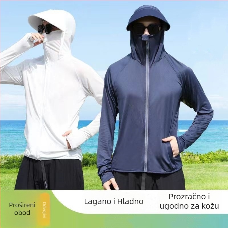 Muška lagana jakna za zaštitu od UV zračenja, s mrežastom Ice Silk tkaninom, tanak kapuljača, prozračna i brzo sušeća, slobodnog kroja, s dugim rukavima, za ribolov i aktivnosti na otvorenom
