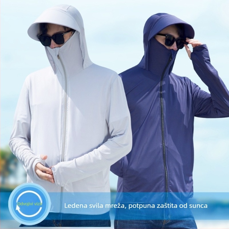 Muška lagana jakna za zaštitu od UV zračenja, s mrežastom Ice Silk tkaninom, tanak kapuljača, prozračna i brzo sušeća, slobodnog kroja, s dugim rukavima, za ribolov i aktivnosti na otvorenom