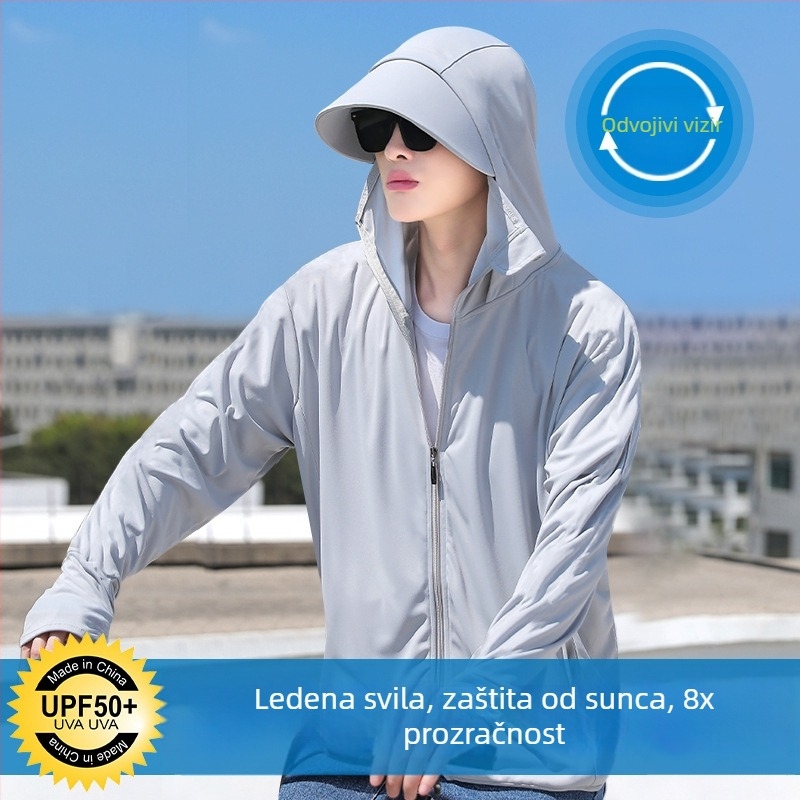 Muška lagana jakna za zaštitu od UV zračenja, s mrežastom Ice Silk tkaninom, tanak kapuljača, prozračna i brzo sušeća, slobodnog kroja, s dugim rukavima, za ribolov i aktivnosti na otvorenom