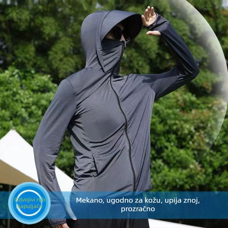 Muška lagana jakna za zaštitu od UV zračenja, s mrežastom Ice Silk tkaninom, tanak kapuljača, prozračna i brzo sušeća, slobodnog kroja, s dugim rukavima, za ribolov i aktivnosti na otvorenom