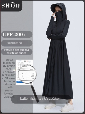 Nylon haljina za zaštitu od sunca, uski kroj, dugi rukavi, kapuljača, produžena duljina, UPF50+