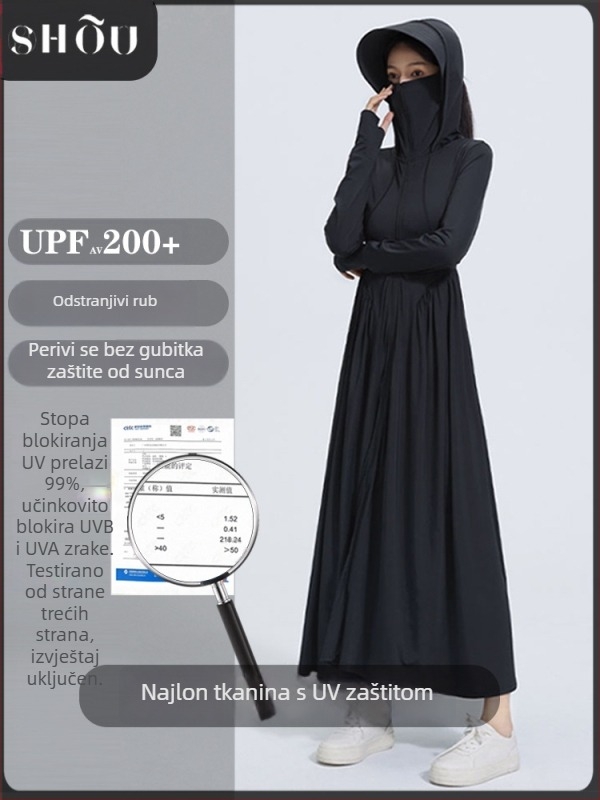 Nylon haljina za zaštitu od sunca, uski kroj, dugi rukavi, kapuljača, produžena duljina, UPF50+