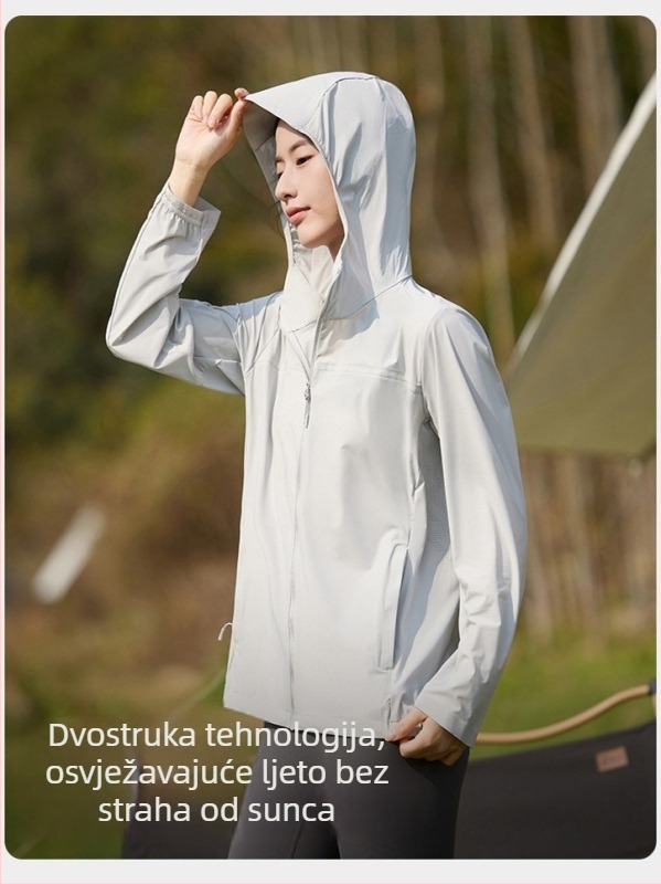 Vanjska vjetrovka od najlonskog sirovog vlakna; UPF50+ UV zaštita; brzo sušenje, prozračnost, otporna na vjetar; s kapuljačom; unisex