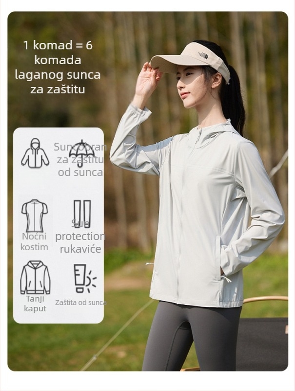 Vanjska vjetrovka od najlonskog sirovog vlakna; UPF50+ UV zaštita; brzo sušenje, prozračnost, otporna na vjetar; s kapuljačom; unisex
