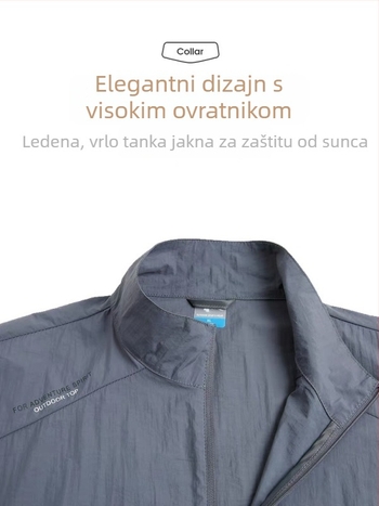 Muška windbreaker jakna za zaštitu od sunca, tankog materijala, kapuljača, stojeći ovratnik, zatvarač, džepovi sa zatvaračima, poliester