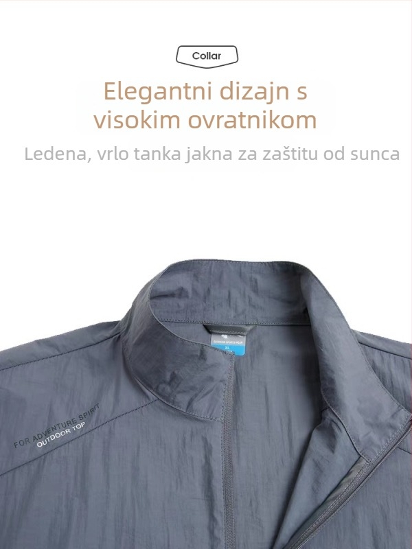Muška windbreaker jakna za zaštitu od sunca, tankog materijala, kapuljača, stojeći ovratnik, zatvarač, džepovi sa zatvaračima, poliester