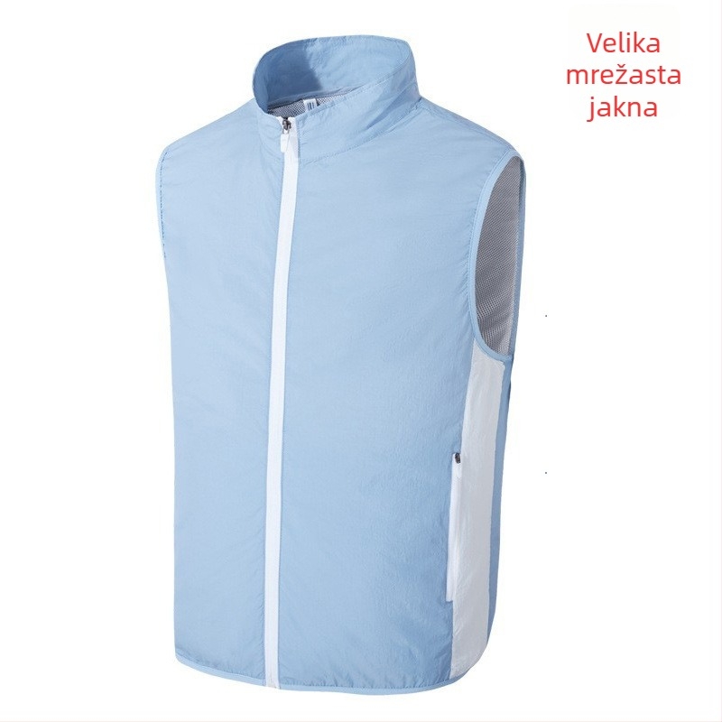 Hladna vesta s integriranim ventilatorom za vanjski ribolov – stojeći ovratnik, zatvarač, bočni džepovi, poliester, UPF50+