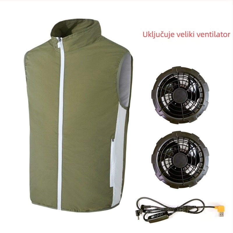 Hladna vesta s integriranim ventilatorom za vanjski ribolov – stojeći ovratnik, zatvarač, bočni džepovi, poliester, UPF50+