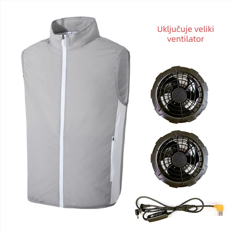 Hladna vesta s integriranim ventilatorom za vanjski ribolov – stojeći ovratnik, zatvarač, bočni džepovi, poliester, UPF50+