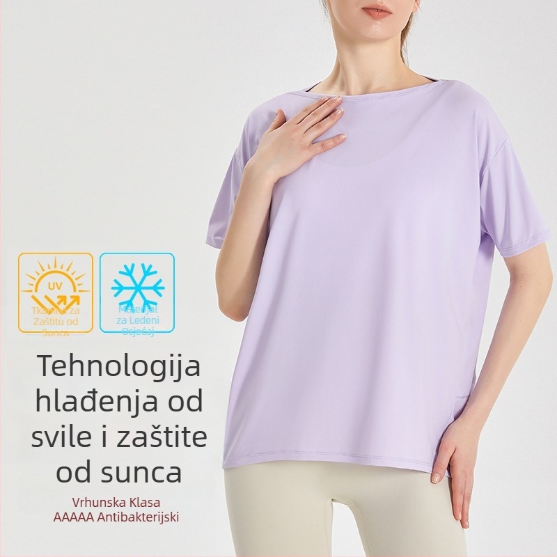 Ženski brzo sušići top za jogu, kratke rukave, slobodan kroj, Ice Silk tkanina, 83% najlon + 17% spandex; zaštita od sunca i bakteriostatsko djelovanje; dužina do kukova