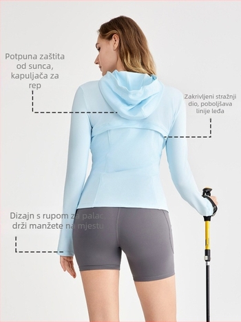 Ženska jakna s kapuljačom za zaštitu od sunca UPF50+ (uski kroj, hlađenje materijala, otvori za palčeve)