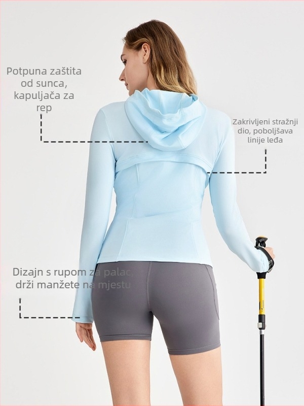 Ženska jakna s kapuljačom za zaštitu od sunca UPF50+ (uski kroj, hlađenje materijala, otvori za palčeve)