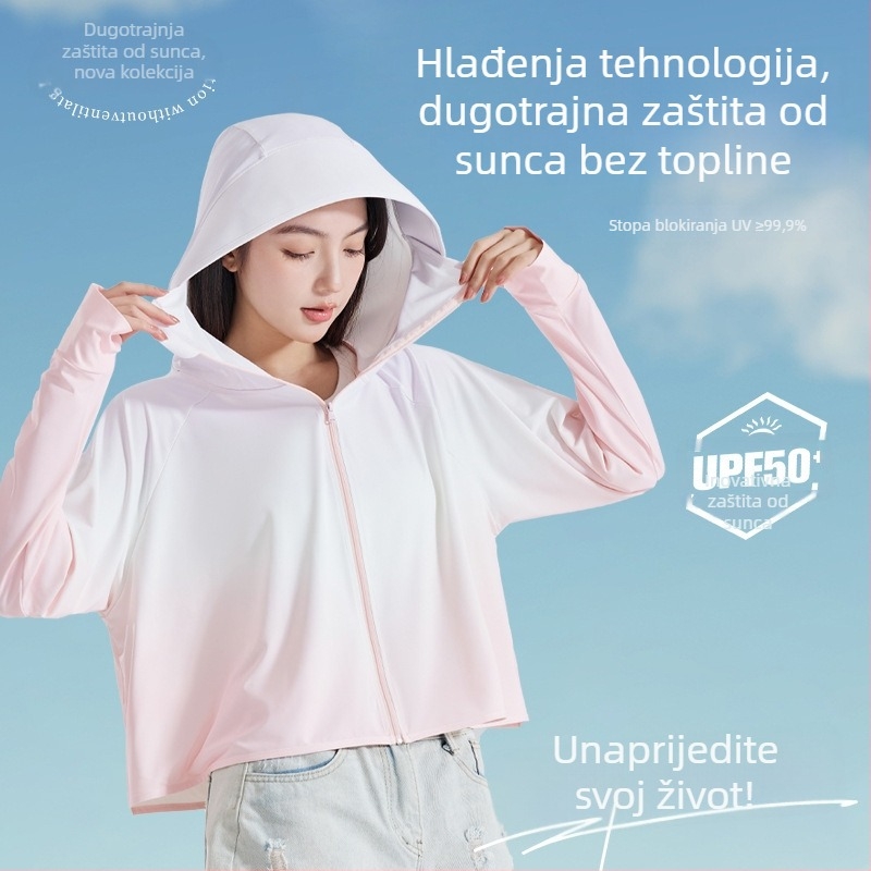 Ženski gradientni UV zaštitni top s kapuljačom, lagani poliester, dugi rukavi, UPF50+