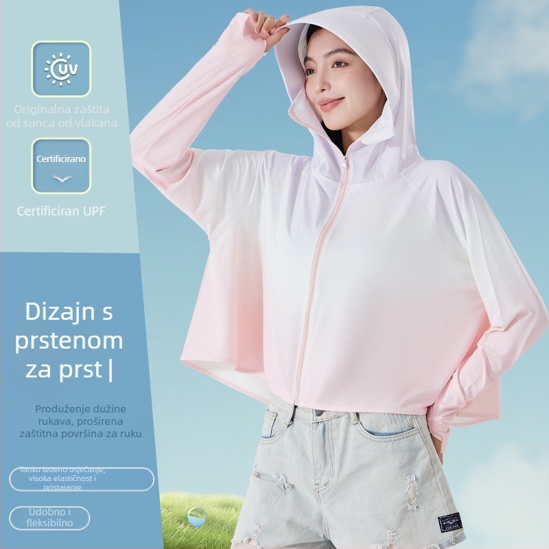 Ženski gradientni UV zaštitni top s kapuljačom, lagani poliester, dugi rukavi, UPF50+