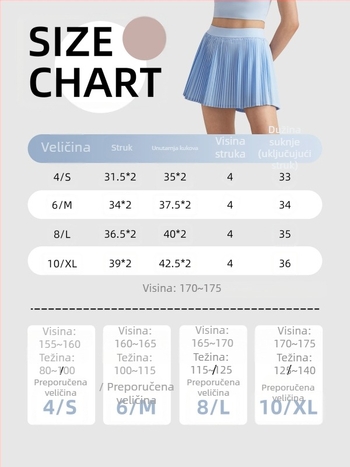 Suknja s akordeonskim plisama, brzo sušenje, UV zaštita, Sz tkanina; 91% poliester + 9% elastan (110 g) ili 82% poliester + 18% elastan (210 g)