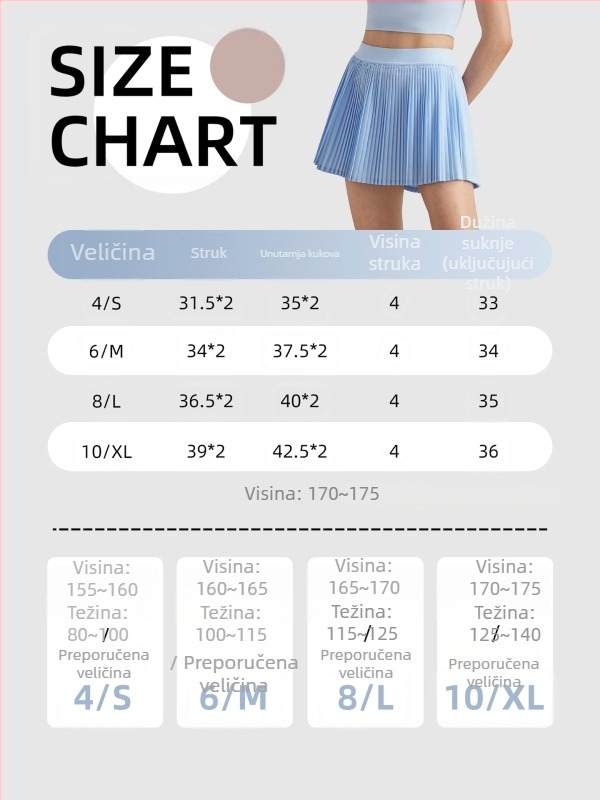 Suknja s akordeonskim plisama, brzo sušenje, UV zaštita, Sz tkanina; 91% poliester + 9% elastan (110 g) ili 82% poliester + 18% elastan (210 g)