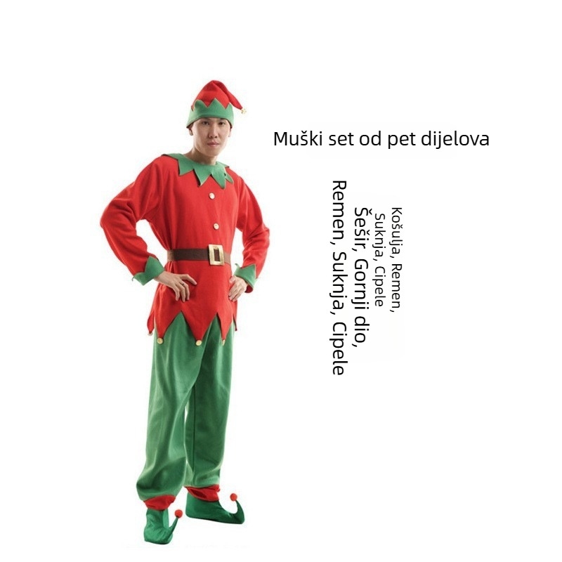 Set kostima božićnog vilenjaka za odrasle i djecu, crveno-zeleno, cosplay