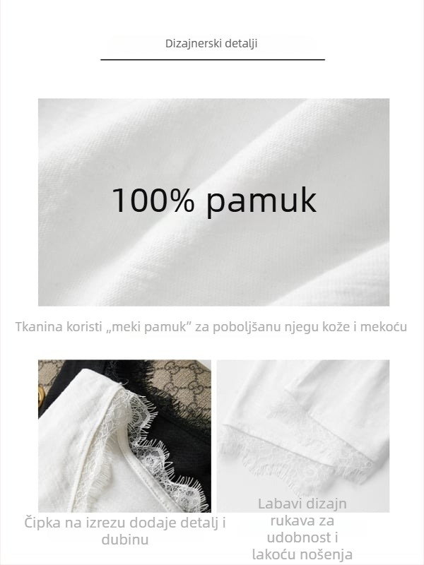 Ženska majica od 100% pamuka s V-izrezom i čipkom, ravnog kroja, dugi rukavi, jesen-zima