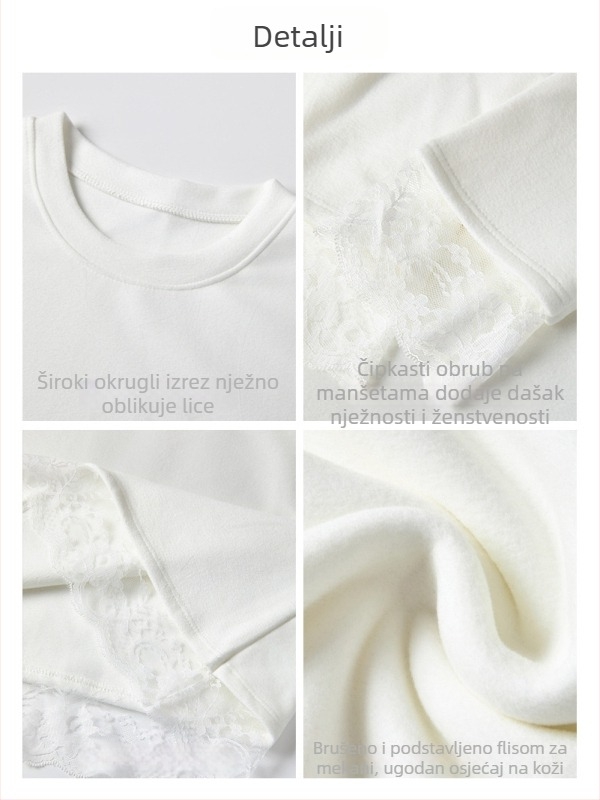Široka majica s čipkastim umetkom od Derong velura, mekana na dodir, okrugli izrez, dugi rukav, jesensko-zimska