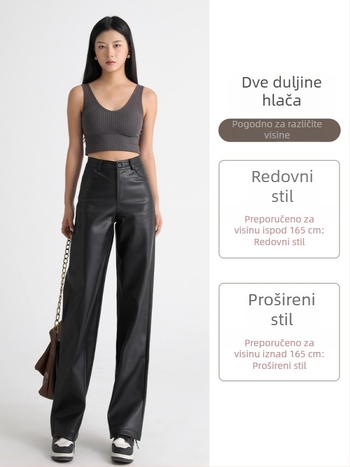 Ženske PU kožne hlače, visoki struk, široke nogavice, casual stil, jesen-zima.