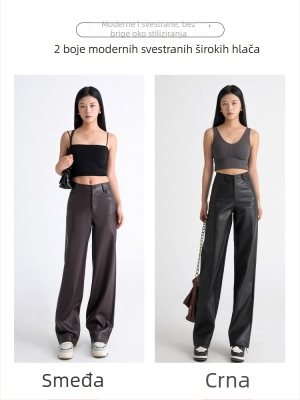 Ženske PU kožne hlače, visoki struk, široke nogavice, casual stil, jesen-zima.