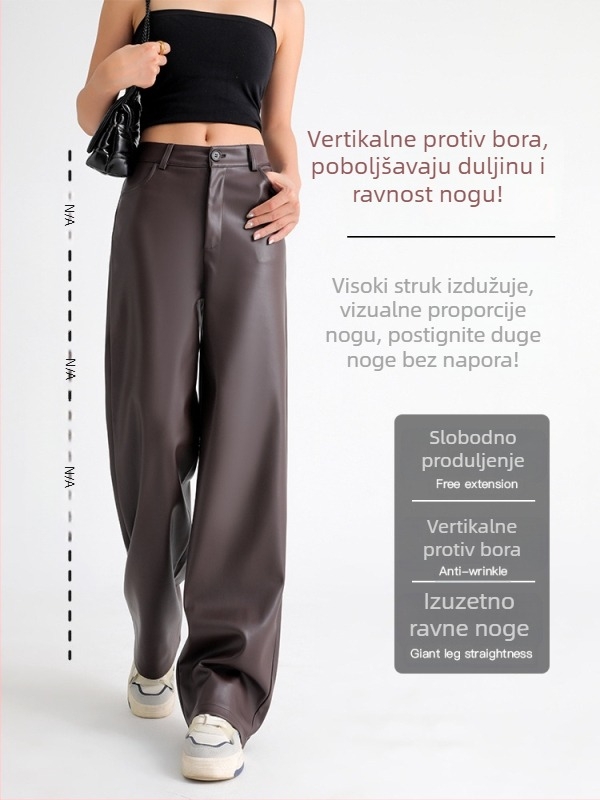 Ženske PU kožne hlače, visoki struk, široke nogavice, casual stil, jesen-zima.