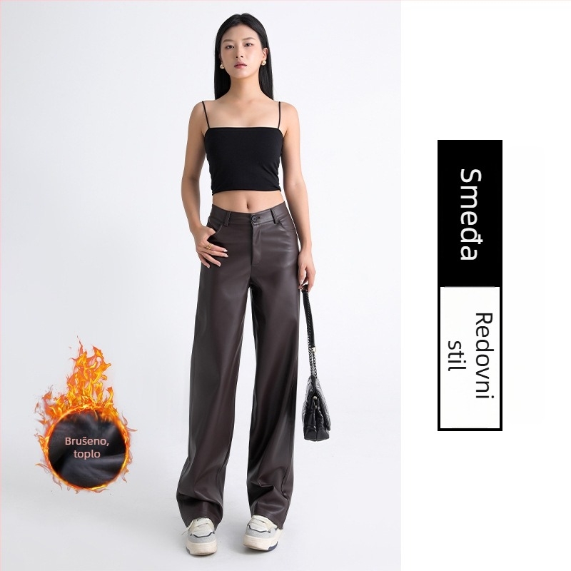 Ženske PU kožne hlače, visoki struk, široke nogavice, casual stil, jesen-zima.