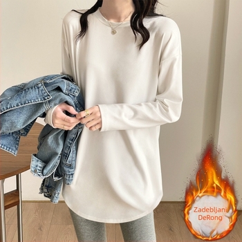 Bijela flis-bluza za žene, debela baza, jesen-zima, srednja duljina, slobodan kroj, zakrivljeni rub, dugi rukavi